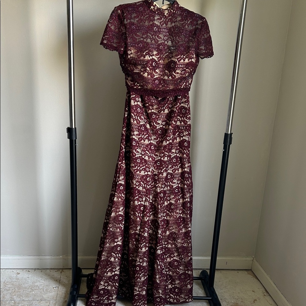 Milano Formals Burgundy Lace Maxi Dress